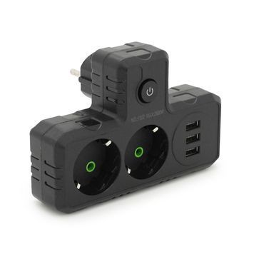 Розетка трійник Т-подібний із заземленням F302-Black, 2 розетки+3USB(1А), 2500W, 10A, 110-250V~Max, Blister F302-Black фото