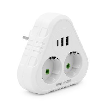 Розетка трійник із заземленням F203-White, 2 розетки+2USB+1Type-C, 2500W, 10A, 110-250V~Max, Blister F203-White фото