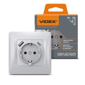 Розетка одинарна із заземленням з USB+USB-C срібний шовк VIDEX BINERA 27864 фото