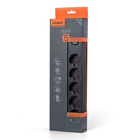 Мережевий подовжувач VIDEX ONCORD з/з 5п 3м (3x1.5мм) з кнопкою Black 27690 фото