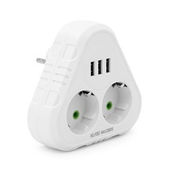 Розетка трійник із заземленням F202-White, 2 розетки+3USB(1А), 2500W, 10A, 110-250V~Max, Blister F202-White фото
