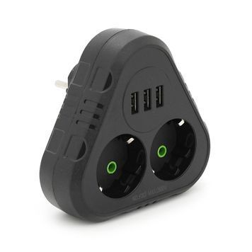 Розетка трійник із заземленням F202-Black, 2 розетки+3USB(1А), 2500W, 10A, 110-250V~Max, Blister F202-Black фото