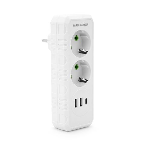 Розетка трійник із заземленням F103-White, 2 розетки+2USB+1Type-C, 2500W, 10A, 110-250V~Max, Blister F103-White фото