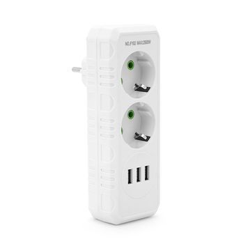 Розетка трійник із заземленням F102-White, 2 розетки+3USB(1А), 2500W, 10A, 110-250V~Max, Blister F102-White фото