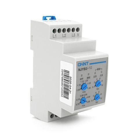 Реле контролю фаз CHINT NJYB3-12 AC220V, 3F4P, Захист U+(1,05~1,3)*Us/U-(0,7~0,95)*Us,Затримка 0,1~10с,Захист обриву/послідовності фаз, Ue240/415V, Ie0.75/0.47, 1CO+1NO NJYB3-12 AC220V фото