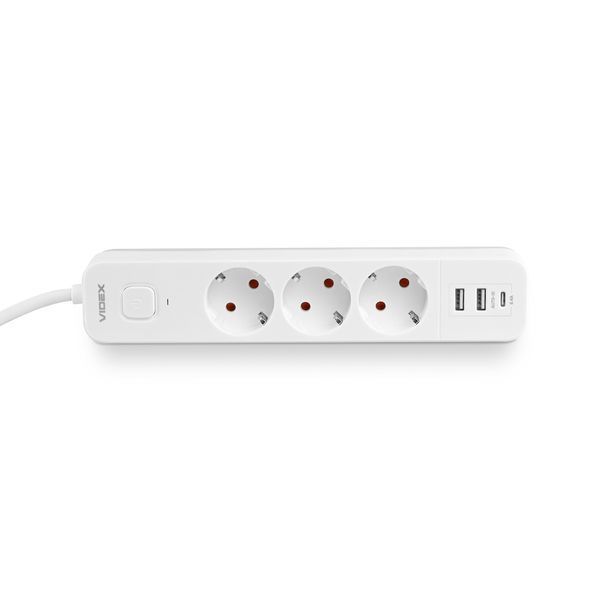 Мережевий подовжувач VIDEX ONCORD з/з 3п 3м (3x1.5мм) 2.4А 2USB+USB-C з кнопкою White 27693 фото