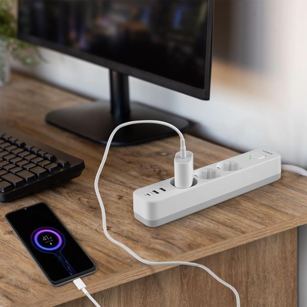 Мережевий подовжувач VIDEX ONCORD з/з 3п 3м (3x1.5мм) 2.4А 2USB+USB-C з кнопкою White 27693 фото