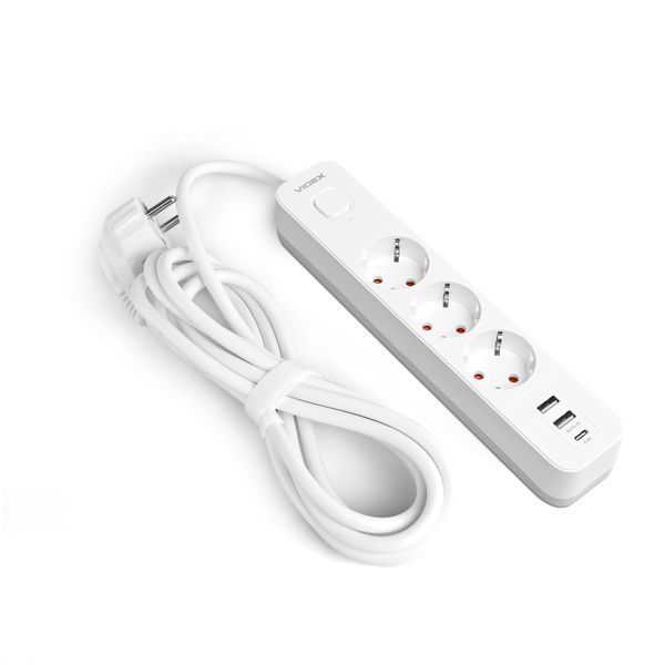 Мережевий подовжувач VIDEX ONCORD з/з 3п 3м (3x1.5мм) 2.4А 2USB+USB-C з кнопкою White 27693 фото
