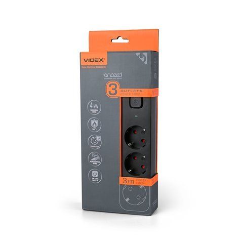 Мережевий подовжувач VIDEX ONCORD з/з 3п 3м (3x1.5мм) з кнопкою Black 27686 фото