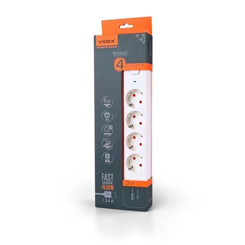 Мережевий подовжувач VIDEX ONCORD з/з 4п 3м (3x1.5мм) 3.4А USB(QC3.0) +USB-C(PD20W) з кнопкою White 27695 фото
