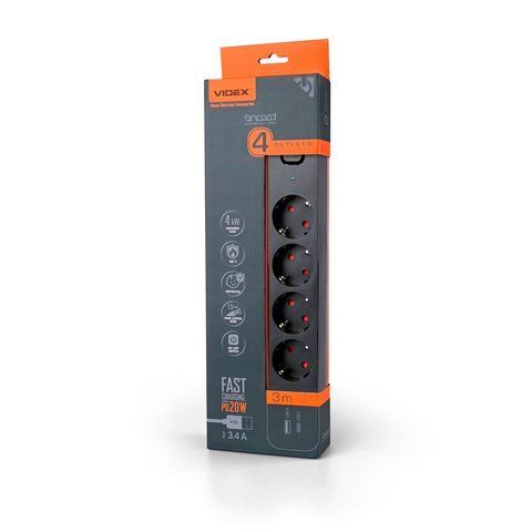 Мережевий подовжувач VIDEX ONCORD з/з 4п 3м (3x1.5мм) 3.4А USB(QC3.0) +USB-C(PD20W) з кнопкою Black 27696 фото